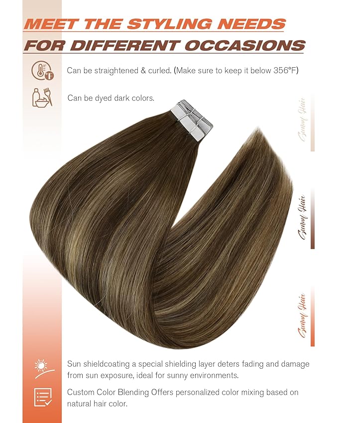 Sunny Hair Tape in Hair Extensions Real Human Hair Invisible Remy Hair Extensions Tape ins for Women Dark Brown Root to Caramel Blonde Balayage 20 inch 20Pcs 50G