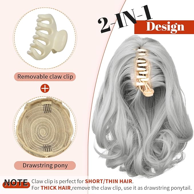 KooKaStyle Ponytail Extension, 10" Short Claw Clip in Pony Tails Hair Extensions Curly Wavy Synthetic Drawstring Halloween Hairpieces for Women(Light Sliver Grey)