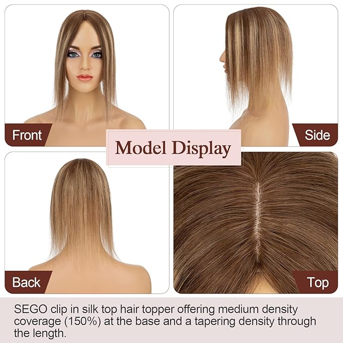 SEGO Hair Topper for Women, No Bangs Real Human Hair Topper with Anti-Slip Clips (12 Inches #4T4P27 Ombre Medium Brown Mix Dark Blonde)