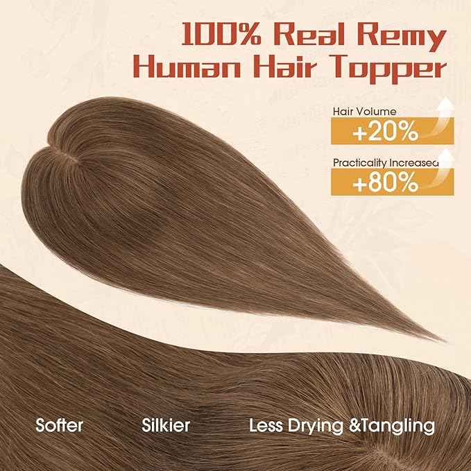 Rich Choices Human Hair Toppers for Women-100% Real Remy Hair Topper No Bang-Upgraded 150% Density 9 * 12CM Lace Base-Clip in Hairs Topper for Thinning Hairs-12Inch #4 Medium Brown