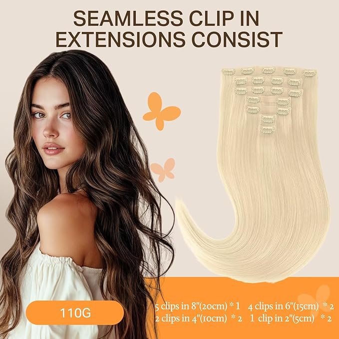 DOORES Seamless Clip in Hair Extensions, Bleach Blonde 18 Inch 7pcs 110g, Invisi Edge Hair Extensions Straight Remy Weft