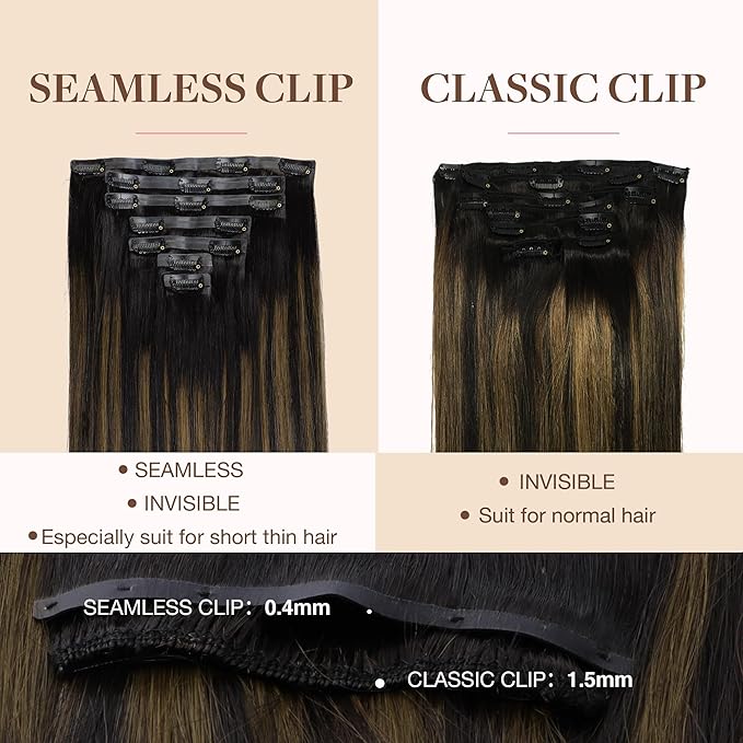 GOO GOO Clip in Hair Extensions Real Human Hair, Remy Human Hair Extensions Clip ins for Women, Natural Human Hair, 24inch 120g 7Pcs, 1B/6/1B Balayage Natural Black to Chestnut Brown