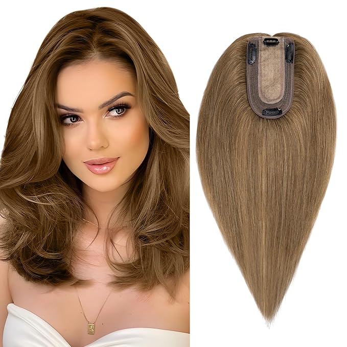 SEGO Real Human Hair Topper for Women, No Bangs Hair Topper with Anti-Slip Clips (18 Inches Light Brown)