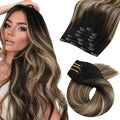 Moresoo Clip in Hair Extensions Ombre Black to Blonde with Brown Human Hair Clip in Extensions Real Human Hair Balayage Natural Black to Caramel Blonde with Brown for Women Full Head 120g/7pcs 16in