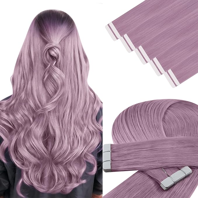 YoungSee Human Hair Tape in Extensions Purple Tape in Hair Extensions Lavender Real Hair Tape-in Extension Light Purple 12In Tape on Hair Extension for Party 20g 10pcs