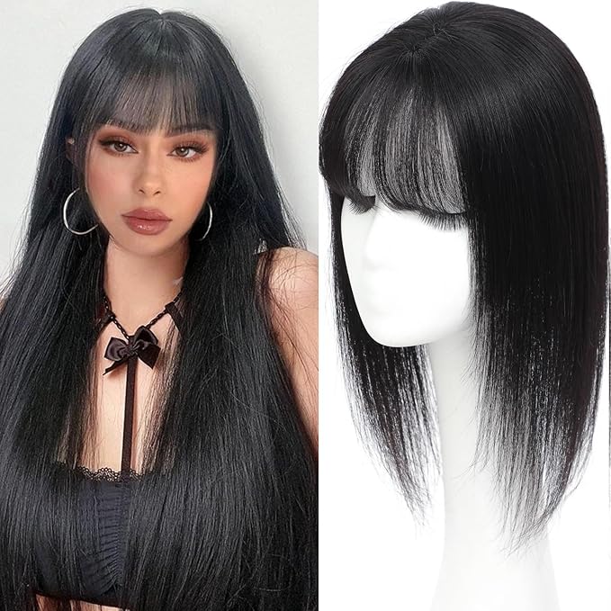 Hair Toppers for Women Real Human Hair, 360°3D Topper for Women with Thinning Crown Wispy Clip in Bangs Breathable Hand Tied Craft Big Coverage Hairpieces(Black（Big Coverage）, 16 Inch-3D-Wispy)