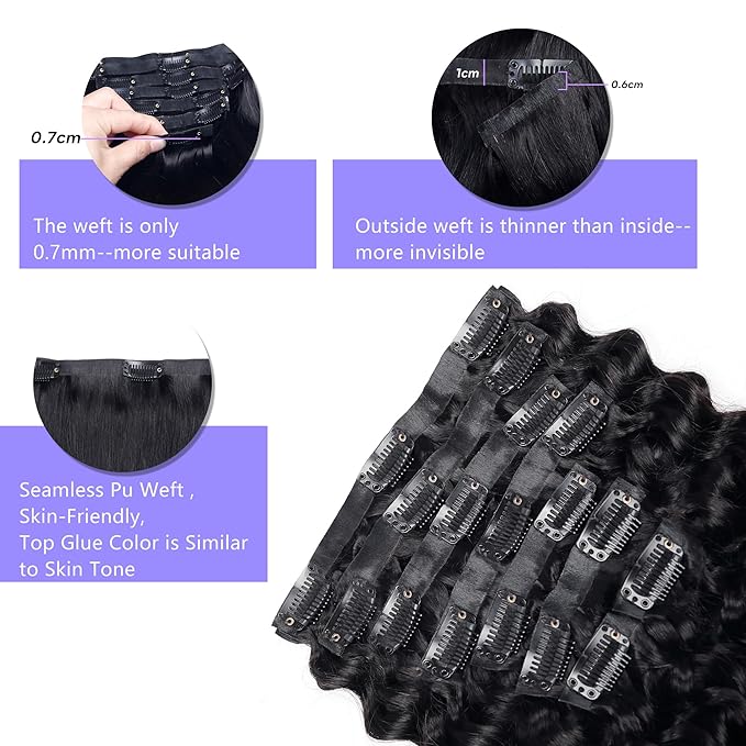 Seamless Clip in Hair Extensions Real Human Hair Deep Wave Brazilian Virgin Human Hair Clip in Extensions for Women 8Pcs PU Remy Hair Skin Weft with 18Clips 120g 22inch Natural Black