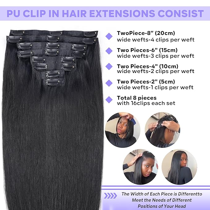 Seamless Clip in Hair Extensions - Real Human Hair Straight Brazilian Remy Hair Clip in Extensions 8Pcs Invisible Skin Weft 18Clips 120g 28inch Natural Black