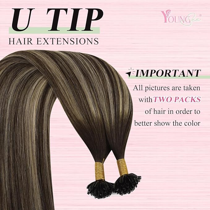 YoungSee Ombre Utip Hair Extensions Balayage Brown Ombre Blonde U Tip Extensions Ombre 18In 50s/50g Silky Straight