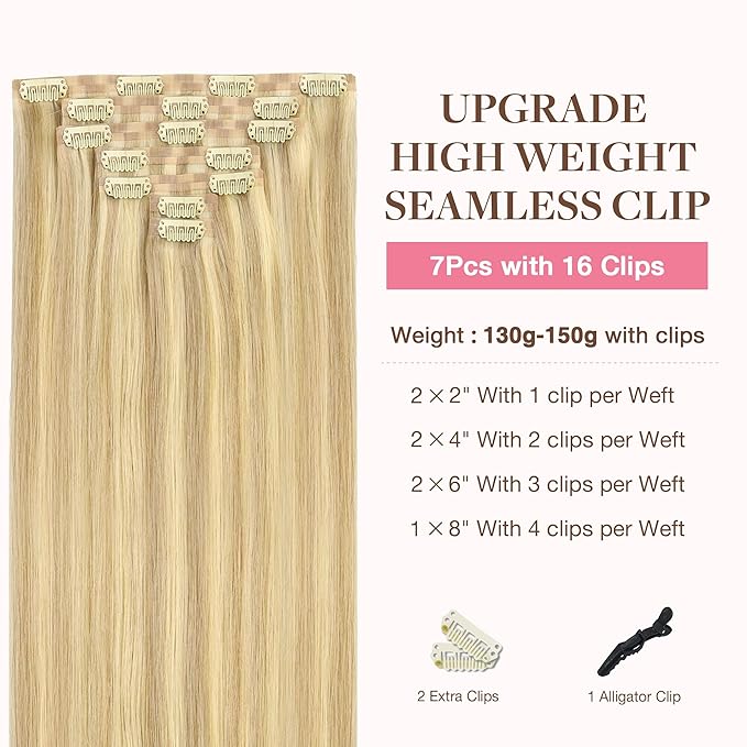 GOO GOO Clip in Hair Extensions Real Human Hair, Remy Human Hair Extensions Clip ins for Women, Natural Human Hair, 18inch 130g 7Pcs, 18D/22F Dirty Blonde Highlights