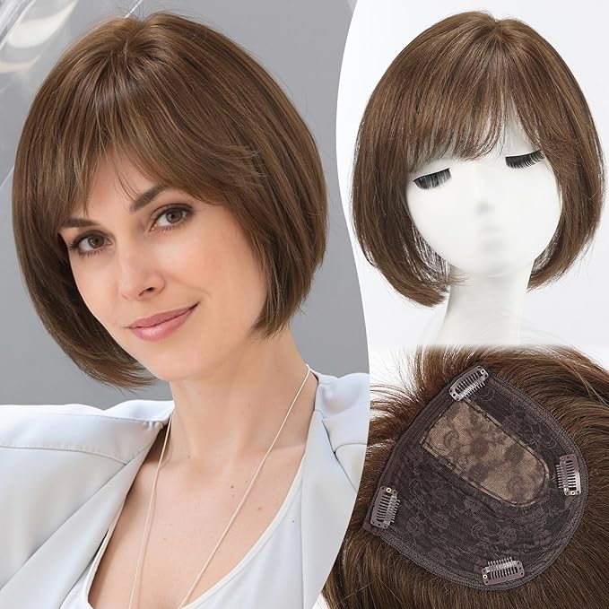 EMMOR Human Hair Toppers for Women Short Bob Real Hair with Bangs 10" Side Part Hairpieces for Women with Thin Hair 6.5" × 6.5" Larger Base Human Wig Toppers(Brown)