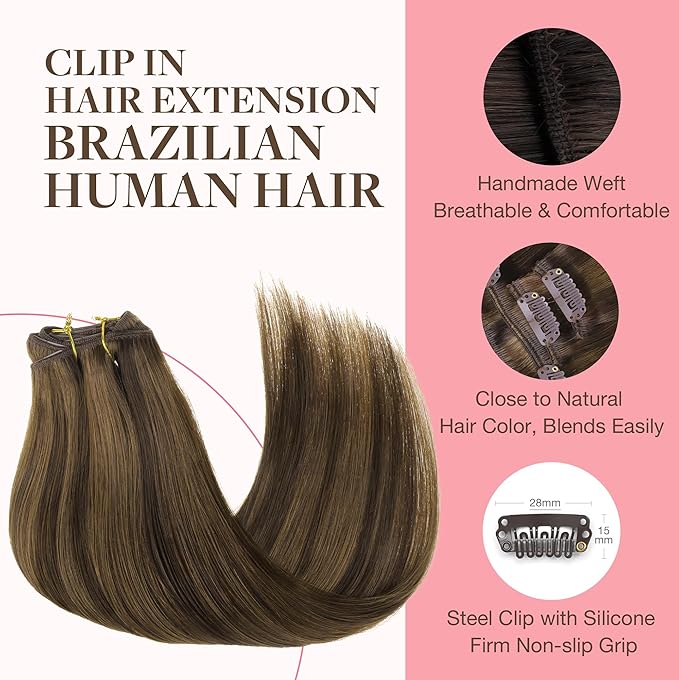 GOO GOO Clip in Hair Extensions Real Human Hair, Remy Human Hair Extensions Clip ins for Women, Natural Human Hair, 14inch 120g 7Pcs, 2C/4E/6C Brown Sugar Swirl Highlights