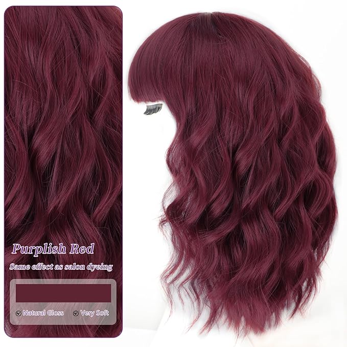 AISI HAIR Purplish Red Synthetic Wavy Curly Bob Wig with Bangs Short Wavy Hair for Women Synthetic Heat Resistant Bob Wigs