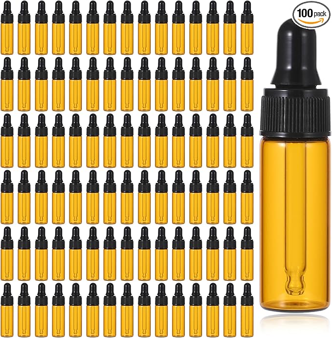 5ml Glass Dropper Bottles, 100 Pcs Amber Bottles with Black Caps, Leakproof Essential Oil Containers for DIY Perfume, Travel Liquids, Aromatherapy, Lab Sample & Hair Oil Storage