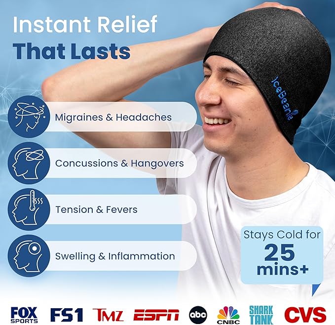 IceBeanie Migraine Relief Cap, As Seen on Shark Tank, Soft & Stretchy Gel Tension Headache Relief Cap, Extended Cooling Hangover Ice Hat, Odorless Head Wrap Ice Pack Wrap, Headache Migraine Mask
