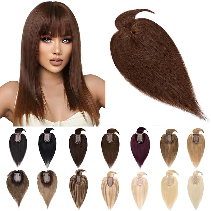 SEGO Hair Toppers for Women Real Human Hair With Bangs, 7 * 13CM Silk Base 100% Remy Human Hair Clip in Top Wiglet Hairpieces Add Volume -6 Inch Medium Brown