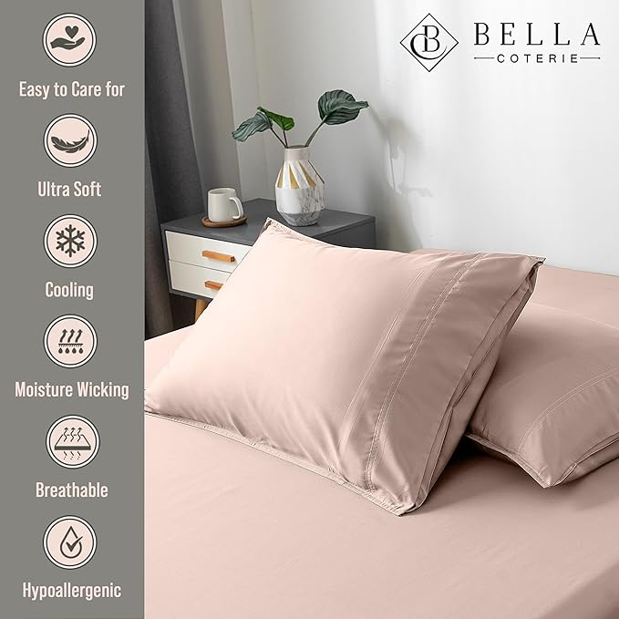 Bella Coterie | Luxury Bamboo Viscose Queen Size Pillowcase Set | 100% Organically Grown | Ultra Soft | Cooling | 2 Pcs [Dusty Rose]