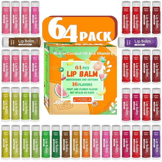 64 Pack Natural Lip Balm Bulk with Vitamin E and Coconut Oil Valentine's Day best choice - Moisturizing, Soothing, and Repairing Dry and Chapped Lips - 16 Flavors - Non-GMO