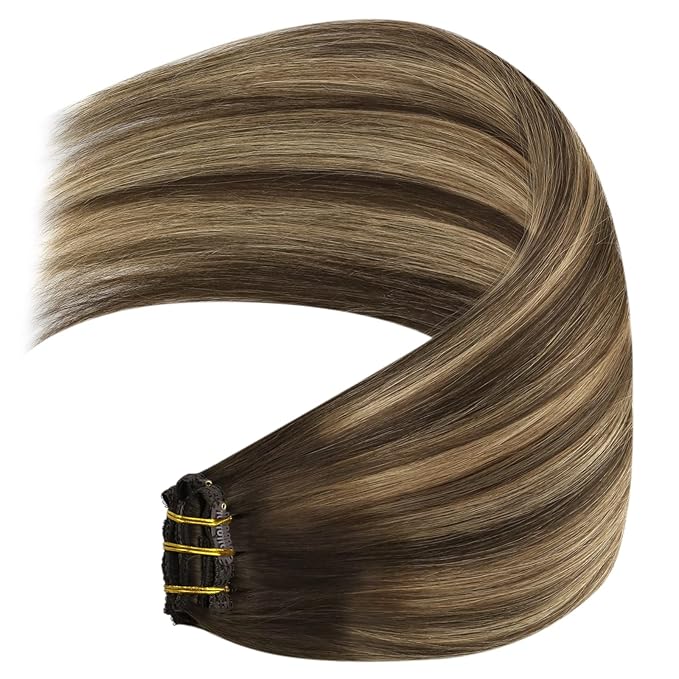YoungSee Clip in Hair Extensions Real Human Hair Balayage Brown Hair Extensions Clip ins Balayage Chocolate Brown Mix Caramel Blonde Clip on Hair Extension Human Hair Silky Straight 120G 18Inch