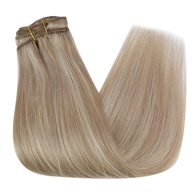 Ve Sunny Clip in Extensions Human Hair Double Weft Hair Extensions Blonde Highlight for Women Warm Color Clip in Hair Extensions Real Human Hair Full Head 120g 20inch