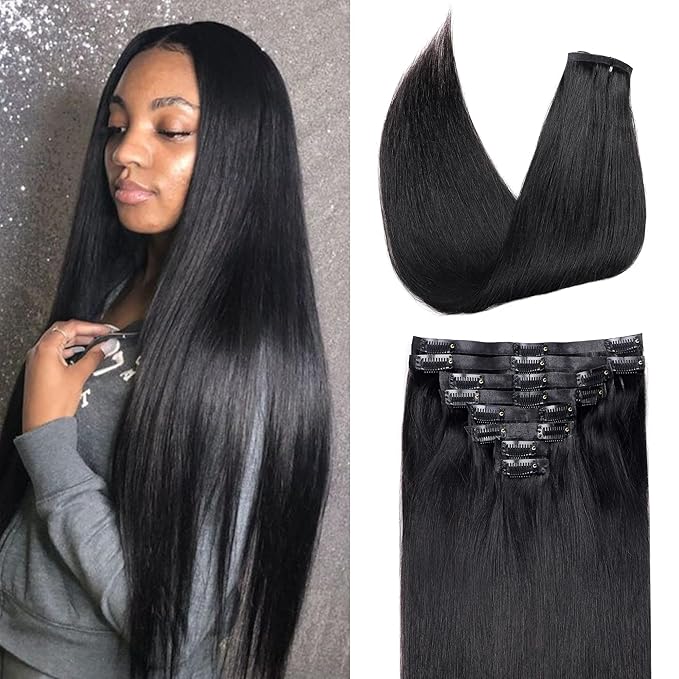 Seamless Clip in Hair Extensions Real Human Hair Straight Brazilian Virgin Human Hair Clip in Extensions for Women 8Pcs PU Clip in Remy Hair Skin Weft 18Clips 120g 26inch Natural Black