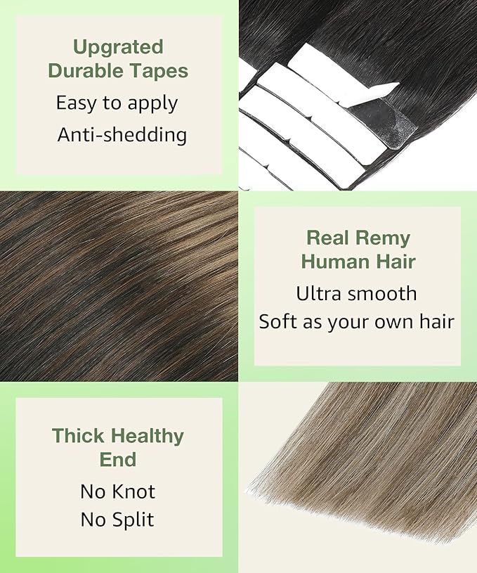 SURNEL Tape in Hair Extensions Balayage Ombre Color 1B Fading to 4 Brown Highlighted 27 Blonde Tape in Extensions Human Hair 20 inch Remy Tape Hair Extensions 20 Pcs 50g(#1B/4/27-20)