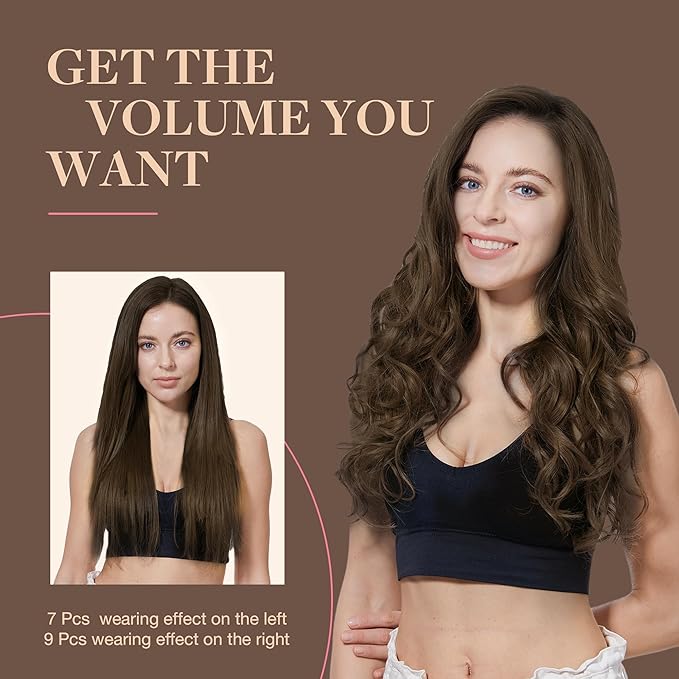 GOO GOO Clip in Hair Extensions Real Human Hair, Remy Human Hair Extensions Clip ins for Women, Natural Human Hair, 22inch 220g 9Pcs, #4A Chocolate Brown