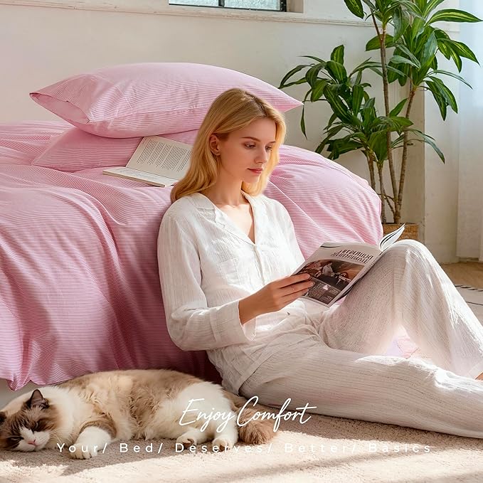 JELLYMONI 100% Natural Cotton Striped Standard Pillowcases Set, 2 Pack White and Thin Pink Striped Pattern Printed Pillow Covers with Envelope Closure(Pillows are not Included)