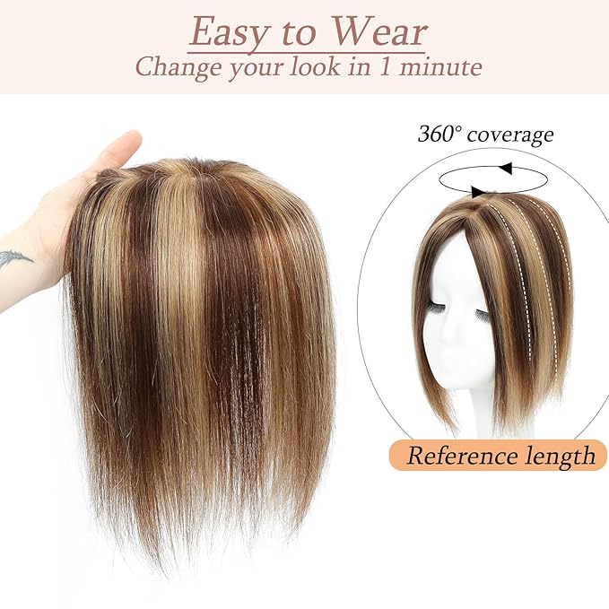 Human Hair Toppers for Women with Thinning Hair Real Human Topper Crown No Bangs 10 Inch #4P27 Medium Brown mix Dark Blonde