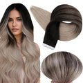 Full Shine Ombre Tape in Hair Extensions 12Inch Real Human Hair Tape in Extensions Color 1B/18 Black Fading to Ash Blonde Balayage Hair Extension Real Human Hair 20Pcs 30G Seamless Skin Weft Soft Hair