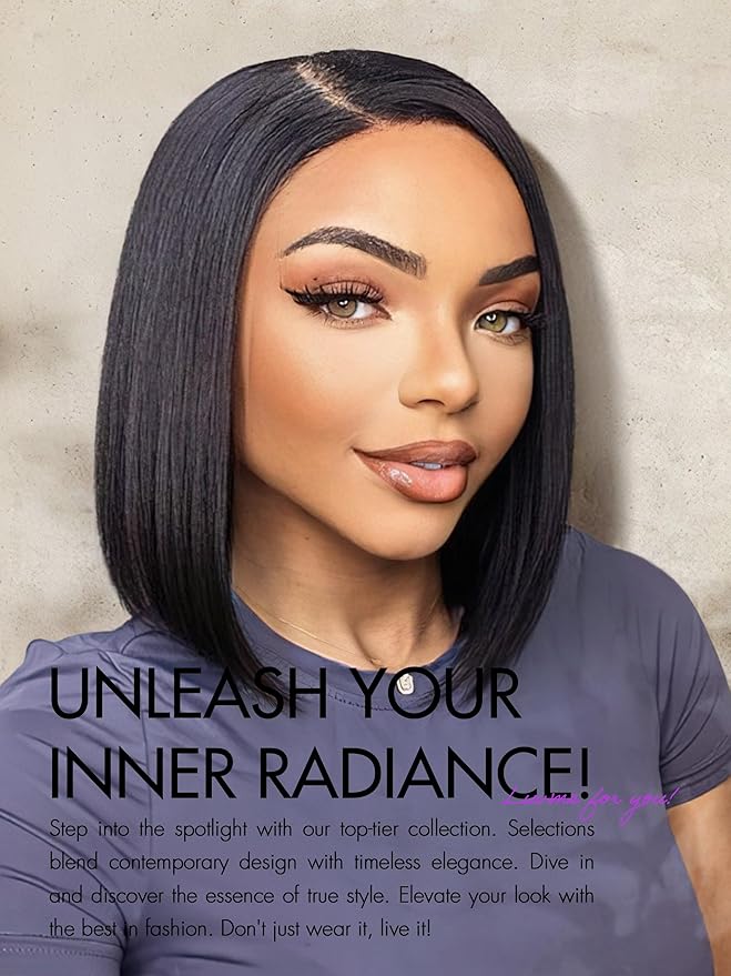 LUVME HAIR 10 Inch Light Yaki Straight Bob Wig Human Hair, Undetectable HD Lace Glueless Bob Wigs Human Hair Pre Plucked, Pre Cut Lace Wig Short Black Blunt Cut Bob Wigs