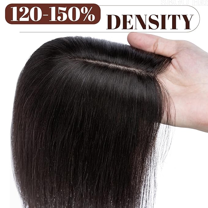 SEGO Real Human Hair Topper for Women, No Bangs Hair Topper with Anti-Slip Clips (6 Inch #1B Natural black)