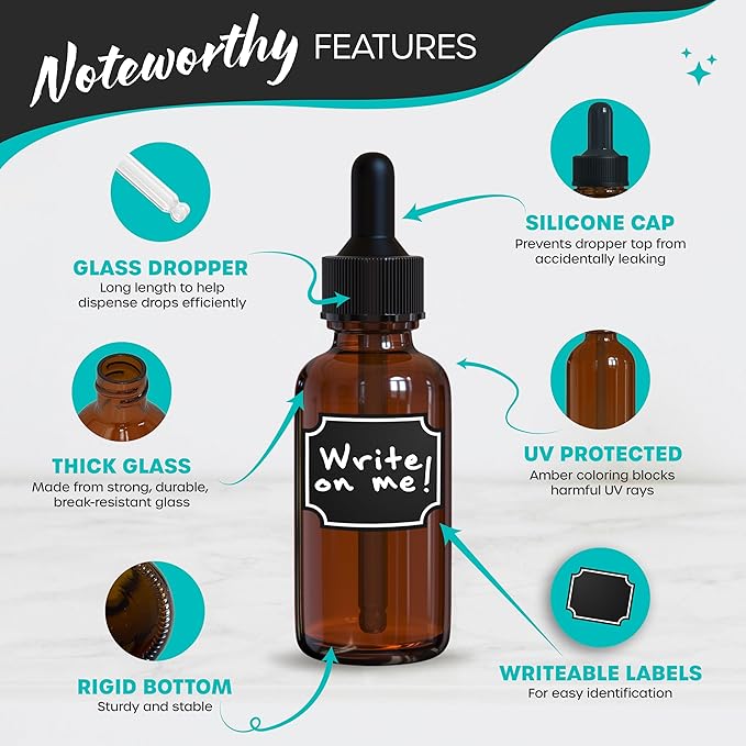 Nevlers Glass Dropper Bottle 1 Oz 100 Pack | 1oz Amber Glass Dropper Bottles with Funnels, Brushes, Labels, Markers & Shrink Wrap | Tincture Bottles with Droppers for Oils, Serums, Medicine & More