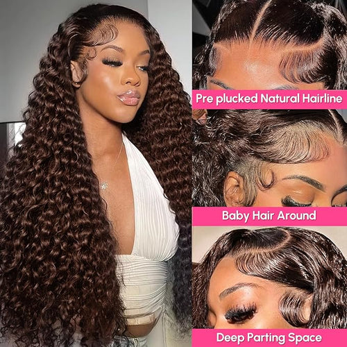 36 Inch Chocolate Brown Deep Wave Lace Front Wigs Human Hair 210 Density 13x6 HD Lace Frontal Wigs Human Hair Pre Plucked Brown Curly Glueless Wigs Human Hair for Women