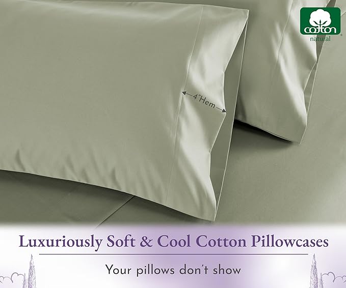 California Design Den Standard/Queen Size Pillow Cases Set of 2-1000 Thread Count Sateen, Soft & Thick 100% Cotton Pillow Cases Standard Size, Durable - Sage Green