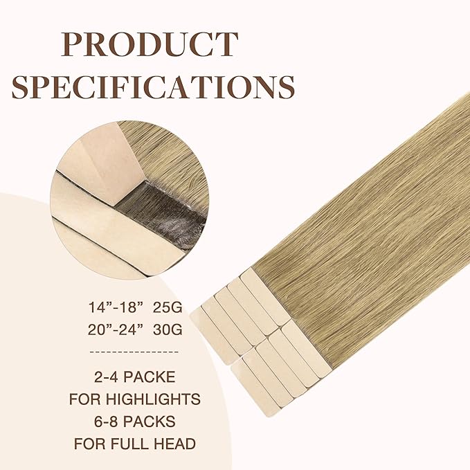 GOO GOO Tape in Hair Extensions Human Hair, 7 Bronde, 16inch 25g 10pcs, Skin Weft Seamless Invisible, Silky Straight with Thick Ends, Remy Human Hair