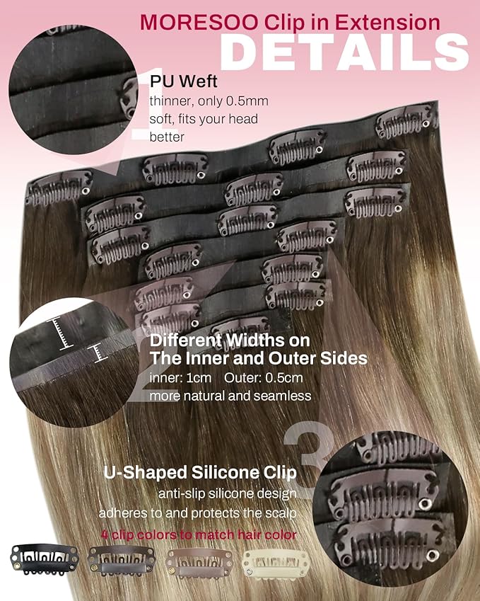Moresoo Seamless Clip ins Human Hair Balayage Brown to Blonde Clip in Hair Extensions Real Human Hair Light Brown with Medium Blonde Pu Skin 120g/7pcs 16 inch
