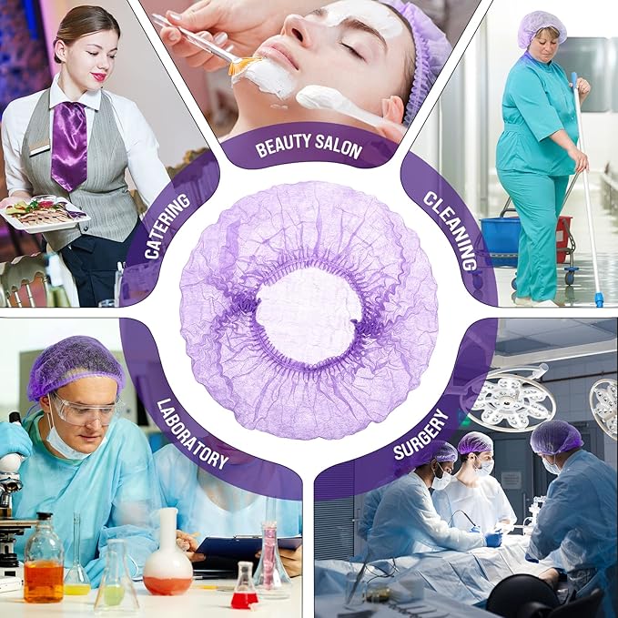 100 Pcs Disposable Nonwoven Bouffant Caps 21 Inch Hair Net Elastic Cap Hair Cover Hats for Beauty Salon Hospital Spa Catering Dust-free Workspace(Purple)