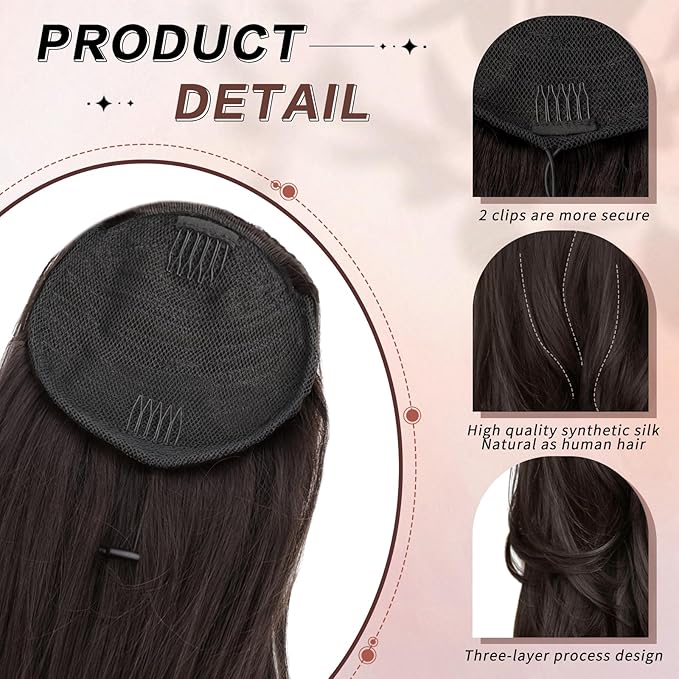 Ponytail Extension, Drawstring Ponytail Extension for Women 26 Inch Long Dark Brown Wavy Layered Pony Tails Hair Extensions Synthetic Clip in Ponytail Hairpiece for Women
