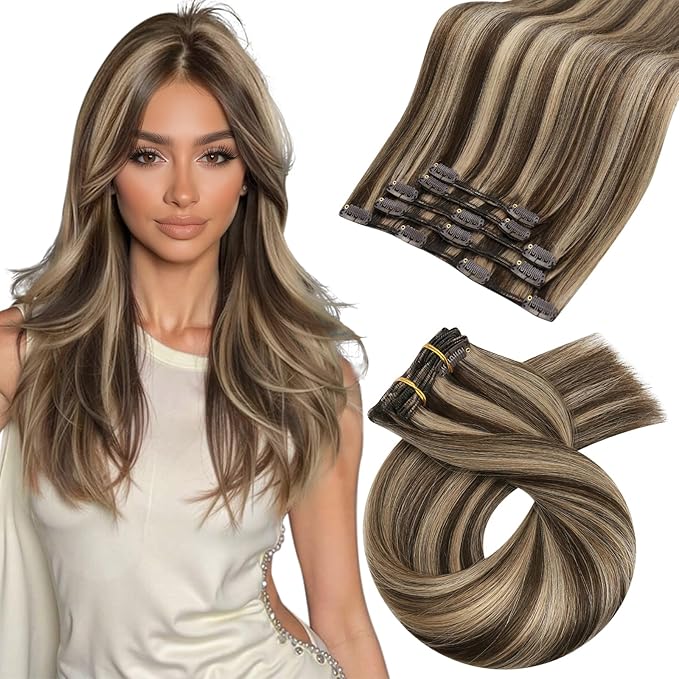 Moresoo Real Human Hair Clip in Extensions Dark Brown Honey Blonde Highlights Clip ins Human Hair Chocolate Brown to Honey Blonde Short Remy 80g/5pcs 12 inch