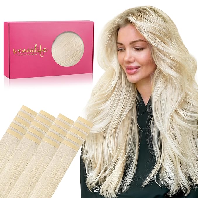 WENNALIFE Tape in Hair Extensions Human Hair, 20pcs 60g 28 inch Platinum Blonde Remy Hair Extensions Straight Human Hair Tape in Extensions Skin Weft Tape Extensions Human Hair