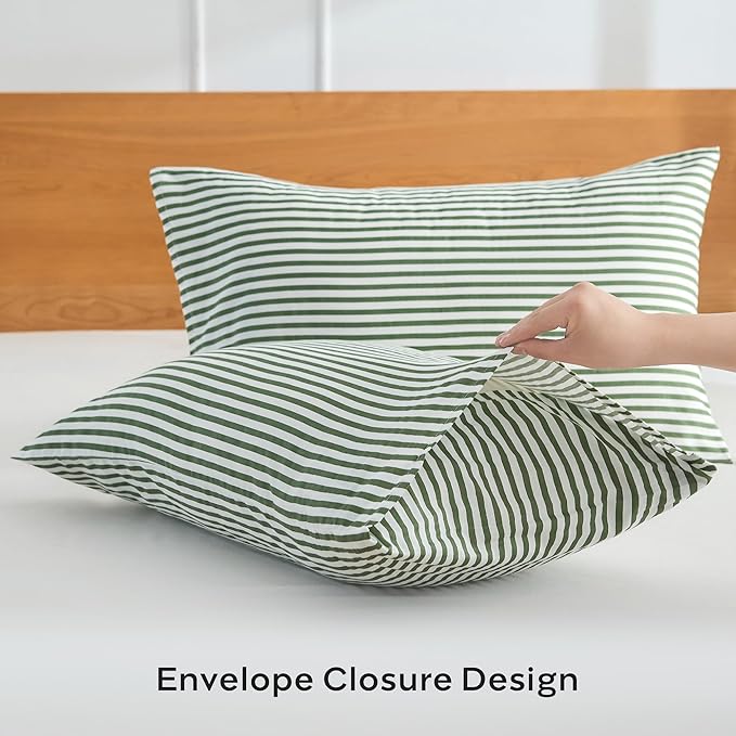 JELLYMONI 100% Natural Cotton Striped Queen Pillowcases Set, 2 Pack White and Green Stripes Pattern Printed Pillow Covers with Envelope Closure(Pillows are not Included)