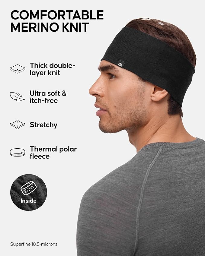 DANISH ENDURANCE Merino Wool Headband, with Thermal Inner Fleece, for Men and Women, Unisex, Black, XS/S