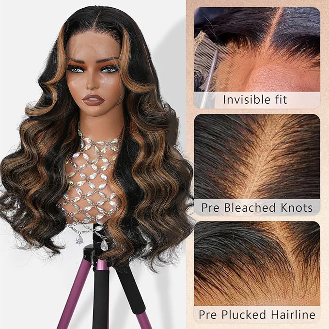Body Wave Lace Front Wig 13x4 Full Frontal Lace Human Hair 200% Density 1B/30 Highlight Ombre Skinlike HD Lace 0.10mm Ultra-thin Invisible Bleached Tiny Knots Pre Plucked Hairline Balayage Brown