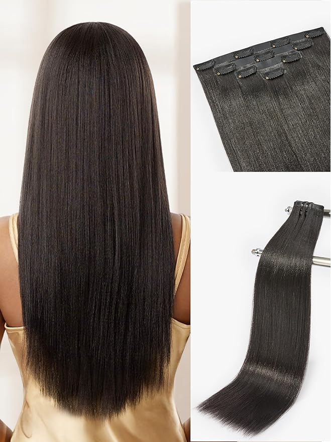 LUVME Yaki Straight Seamless 70g 4Pcs Clip in Hair Extensions Full Max with 26inch Remy Human Hair Clip ins Extensions, Natural Black 100% Real Soft Hair