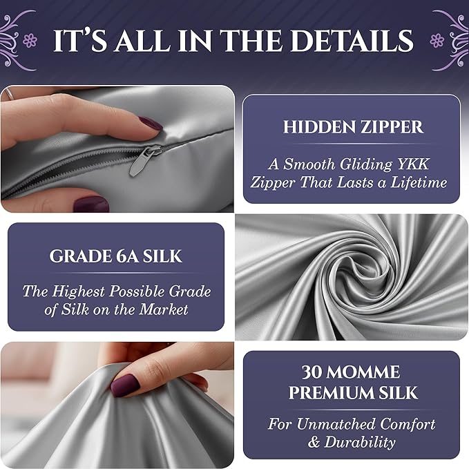 DECOLURE 100% Pure Mulberry Silk Pillow Case King Size – Highest Grade 30 Momme 6A+, Luxuriously Soft & Cooling Silk Pillowcase for Hair & Skin, Hypoallergenic, Breathable, Hidden Zipper (Silver Grey)