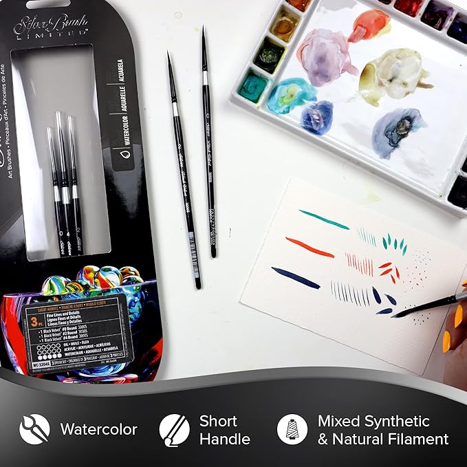 Silver Brush Limited WC-3204s Black Velvet Watercolor Round Set, Set of 3, Sizes 0, 2, and 4 Round Paintbrushes, Short Handle
