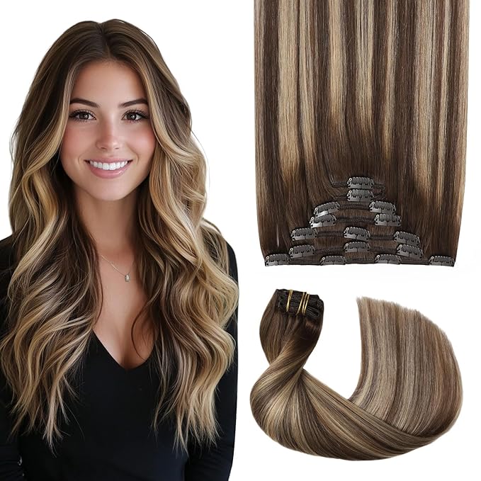 Pro2.0 Clip in Hair Extensions Real Human Hair 20inch 7pcs Color #4/27/4 Chocolate Brown to Caramel Blonde Remy Real Human Hair Extensions Clip ins 120g Thick Double Weft（#4/27/4-20inch）