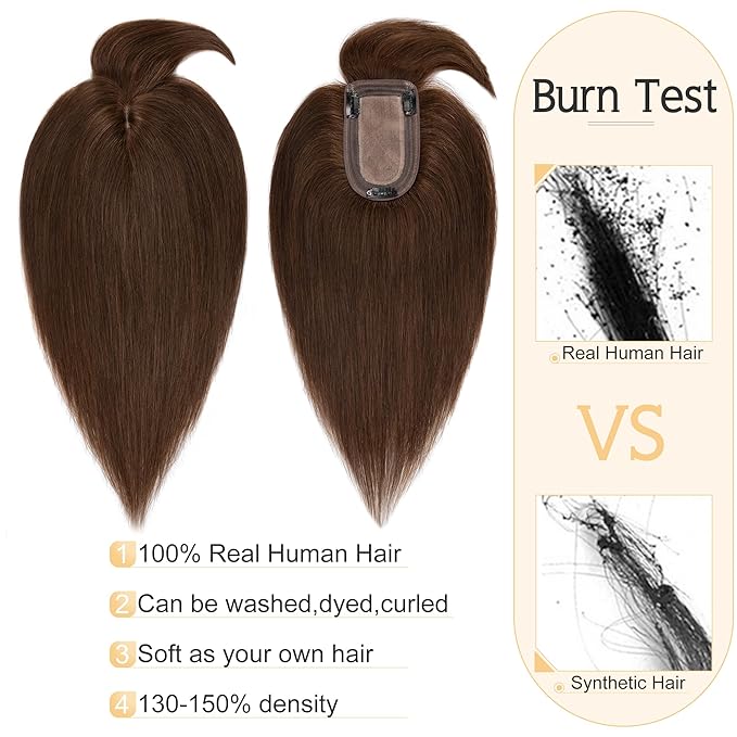 SEGO Hair Toppers for Women Real Human Hair With Bangs, 7 * 13CM Silk Base 100% Remy Human Hair Clip in Top Wiglet Hairpieces Add Volume -8 Inch Medium Brown