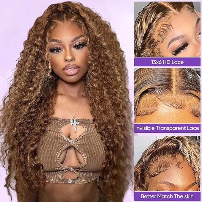 Honey Blonde Highlight Ombre Lace Front Wig Human Hair 210 Density 13x6 HD Lace Front Wigs Human Hair Deep Wave Curly Lace Frontal Wigs Pre Plucked with Baby Hair 32Inch